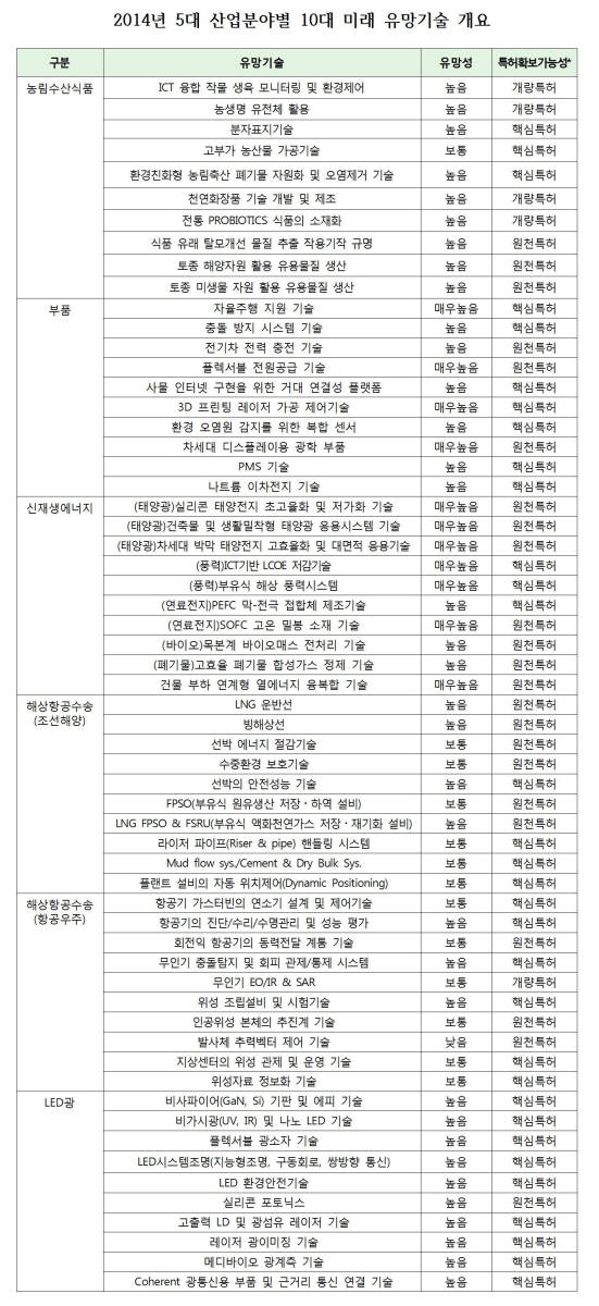 * 특허확보 가능성: 원천?핵심?개량특허의 확보 가능성
 - 원천특허: 기술적 기초 개념 또는 이에 근접한 기술을 구현한 특허(회피설계가 불가능)
 - 핵심특허: 기술을 구체화?고도화?제품화하기 위한 핵심기술에 대한 특허(독자적 제품 및 양산 기술로 특허분쟁, 라이선싱 등의 주요 대상)
 - 개량특허: 기존 제품 또는 기술을 좀 더 새롭고 편리하게 개량하여 경쟁력을 강화한 기술 특허