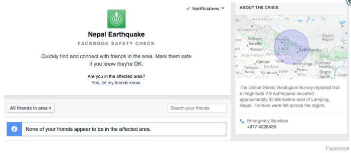 이번 네팔 지진 관련 페이스북 `세이프티 체크` 기능 화면. 이를 통해 본인 또는 친구의 안부 여부를 실시간으로 알려주거나 확인할 수 있다.