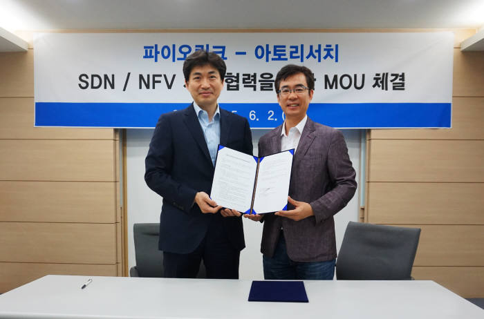 조영철 파이오링크 대표(오른쪽)와 정재웅 아토리서치 대표가 SDN/NFV 사업 협력 후 기념촬영했다.