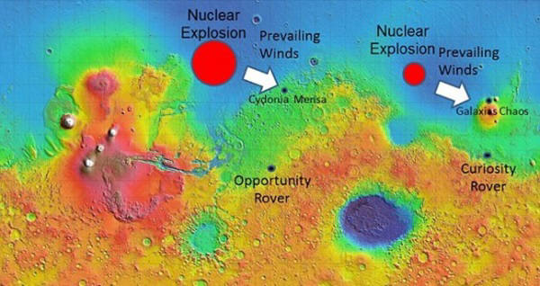 브란덴버그박사는 화성에서 2번의 핵폭발 흔적이 있었다며 이 위치(붉은점)를 공개했다. 이들 붉은 점 아래에 각각 나사가 쏘아 보낸 화성 탐사선 오퍼튜니티와 큐리오시티가 위치해 있다. 사진=브란덴버그 