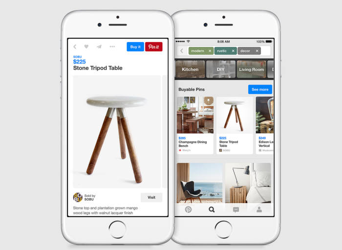 이미지 중심 SNS 업체 핀터레스트(Pinterest)가 앱 내 물품 구매 서비스를 공식적으로 선보였다. 사진은 핀터레스트 구매 화면. <사진=핀터레스트>