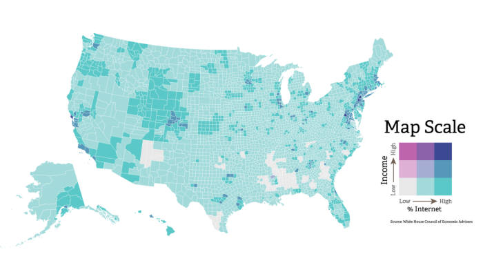미국 각 지역의 소득별 초고속 인터넷 접근율 <자료 : 백악관 경제자문위원회>