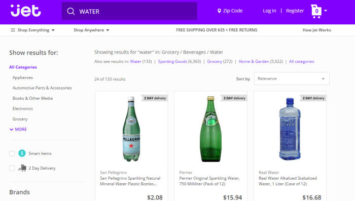 신개념 온라인 쇼핑 마켓플레이스 업체 제트닷컴(Jet.com)이 공식 웹사이트를 연 첫 날 21일(현지 시각) 하루 만에 무려 100만달러()치의 물품을 팔았다. 사진은 제트닷컴에서 `WATER`을 검색한 결과. <사진=제트닷컴>