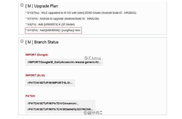 웨이보에 올라온 이 삼성 내부문건 사진은 안드로이드M업그레이드 계획을 보여준다. 
 9월 11일 MSM8996 (융프라우) 히어로라는 글자가 보인다. 사진=K Juma@weibo 