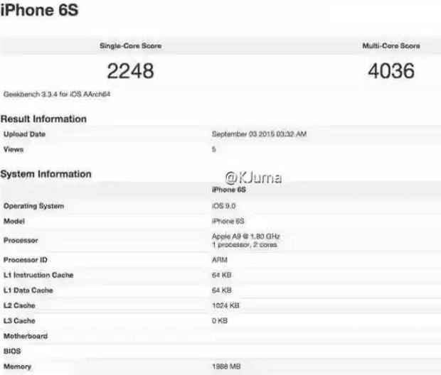 웨이보 사용자 @K JUMA가 공개한 기크벤치의 벤치마크테스트(BMT) 결과표. 아이폰6S에는 1.8GHz 클록스피드를 가진 최신 A9 칩셋이 사용되며 2GB램이 장착되며, 싱글코어 점수는 2248점, 멀티코어점수는 4036점임을 보여준다. 