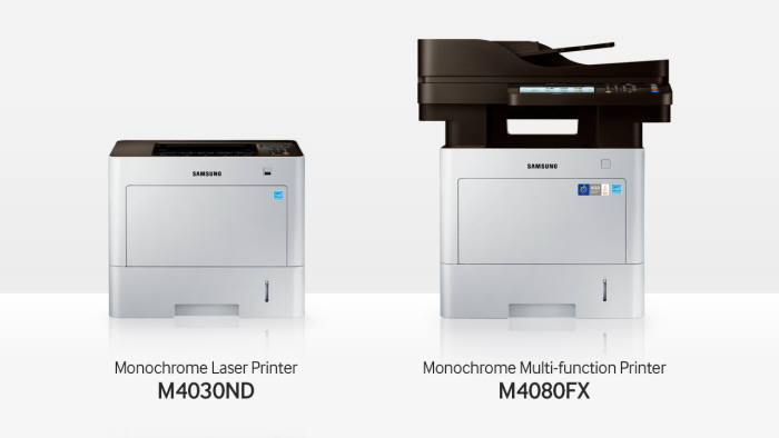 삼성 흑백 레이저 프린터 ‘M4030ND 시리즈’와 흑백 복합기 ‘M4080FX 시리즈’(왼쪽부터) <사진=삼성전자>
