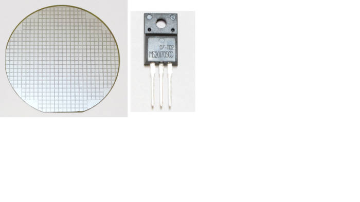 KERI와 메이플세미컨덕터가 개발한 전력반도체 ‘1700V-20A SiC 다이오드’ 시제품 웨이퍼(왼쪽)와 ‘1700V-20A SiC 다이오드’ 시제품 패키지.