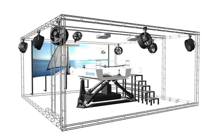 전남정보문화산업진흥원이 지역 기업 및 기관과 협력해 SW융합기술고도화사업을 통해 개발중인 실감융합형 3D세일링 요트 조종시물레이터 제품 구상도.