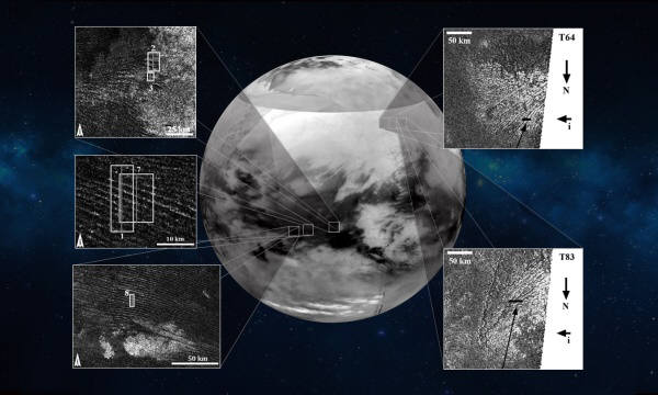 토성의 위성 타이탄에서 보이는 모래언덕의 모습들. 사진=나사,제트추진연구소