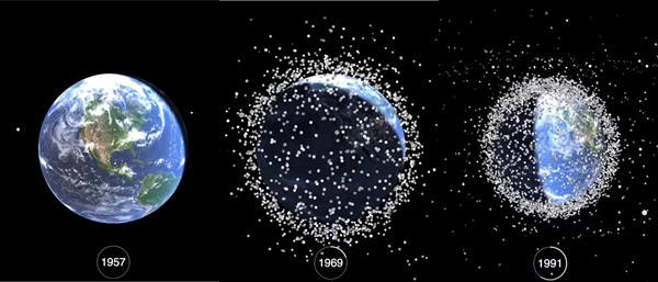 지난 1957년 스푸트니크호가 처음 쏘아올려졌을 때부터 아폴로11호가 달에 갔을때, 그리고 1991년의 지구쓰레기의 증가세. 사진=유튜브 스튜어트 그레이