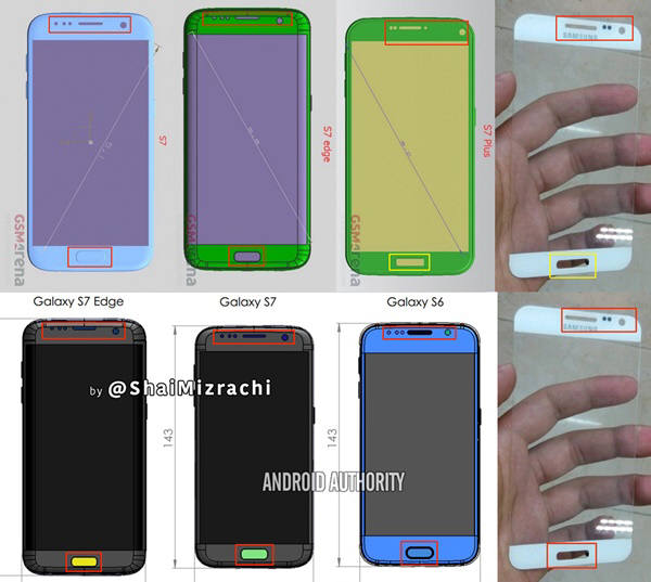 새로이 등장한 유출됐다는 갤럭시S7의 전면 패널모습(맨 오른쪽)은 기존에 유출됐다는 도면과 다소 차이가 있다. 맨위의 센서자리가 오른쪽으로 바뀌어 있고, 베젤이 없다. 또한 맨 아래 홈버튼도 이전의 유출됐다는 도면들보다 더 길쭉해져 있다. 사진=노웨어엘스