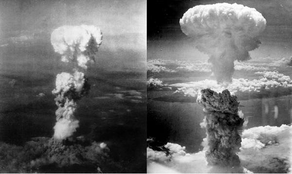 1945년 히로시마(왼쪽)와 나카사키에 투하돼 폭발한 원자폭탄의 버섯구름. 인류세 워킹그룹은 사이언스지에서 이 시기를 새로운 지질학적 전환점으로 보고 인류세로 정해야 한다고 주장했다. 사진=위키피디아