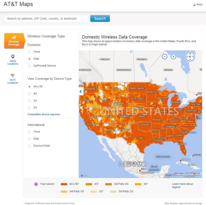 AT&T가 홈페이지에 공개하는 커버리지 맵