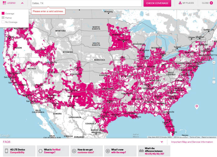 T모바일이 홈페이지에 공개하는 커버리지 맵