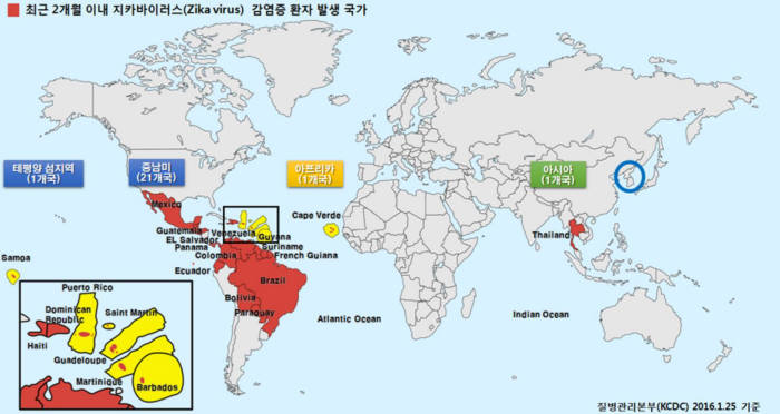 최근 2개월 내 지카바이러스 감염증 환자 발생 국가(자료: 보건복지부)