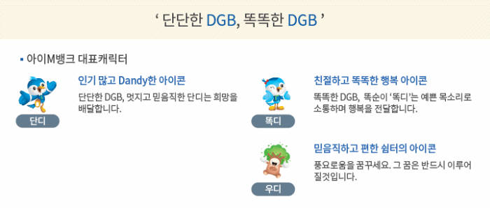 DGB대구은행 모바일뱅크 `아이엠(M)뱅크`의 캐릭터 `똑디`와 `단디` 우디.