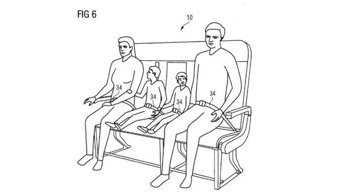 에어버스가 출원한 특허명세서에서 정상체중 일반인 3명이 앉던 자리를 부부와 영유아 2명이 팔걸이를 모두 제거하고 안전띠만으로 신체를 고정한 뒤 자리에 앉아 있다.