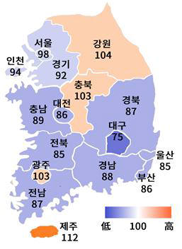 지역별 경기전망지수(BSI)를 지도로 표현기준치(100) 넘으면 따뜻한 주황색 계열, 그 반대면 차가운 파란색 계열이다. <출처: 대한상공회의소>