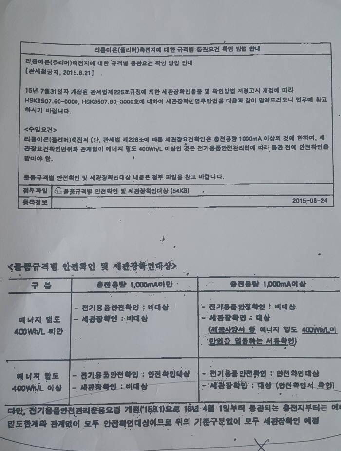 한 대형 유통 물류업체가 블루투스 기기 제조사에 보낸 공문. 이달 1일부터 에너지 밀도에 관계없이 전기용품 안전 확인을 받아야한다는 내용이 골자다.