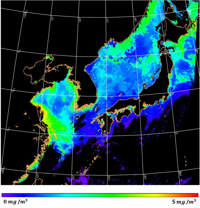 천리안해양관측위성으로 촬영한 사진을 바탕으로 해양 엽록소 농도를 분석했다.