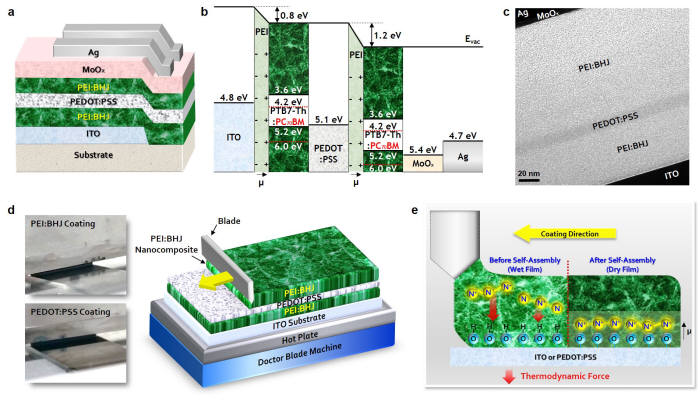 연구팀이 개발한 단순한 구조의 인쇄 적층형 유기태양전지 모식도. (a) 인쇄 적층형 유기태양전지 구조 (b) 적층형 유기태양전지의 에너지 준위 도표: 자발적인 수직적 상 분리로 인듐틴옥사이드(ITO) 투명전극과 재결합층 계면 위에 쌍극자를 형성해 소자의 이상적인 에너지 구조를 형성 한 것을 확인 할 수 있다. (c) 고분해능 투과전자현미경을 통해 촬영된 인쇄 적층형 유기태양전지의 단면 사진 : 연속적인 인쇄 공정을 통해 제작된 적층형 유기태양전지는 구성 층간의 섞임 현상 없이 모두 균일하게 층을 이루고 있는 것을 확인했다. (d) 적층형 유기태양전지 인쇄 공정 모식도 (e) 공정이 단순화 되는 개념적인 모식도: 기능성 물질인 폴리에틸렌이민(PEI)와 광활성 물질로 구성 된 나노혼합물을 통해 앞. 뒤 소자를 각각 인쇄 하게 되면, 이를 구성하는 물질들의 표면 에너지 차이로 인해 자발적인 수직적 상 분리가 발생해, 인듐틴옥사이드(ITO) 투명전극과 재결합층인 PEDOT:PSS위에 정전기적 인력에 의해 자가 조립된다. 일함수가 낮아지는 방향으로 형성된 쌍극자층은 각 경계면의 일함수를 낮춰 인쇄 적층형 유기태양전지가 잘 작동할 수 있는 에너지 구조를 이뤄낸다.
