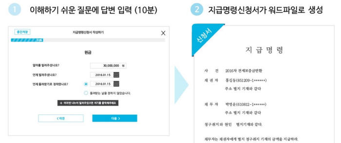 법률 스타트업 헬프미가 제공하는 `지급명령 헬프미` 서비스 예시. 지금명령 헬프미는 오는 25일까지 사전예약을 받고 내달 정식 출시될 예정이다.