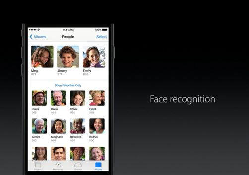 iOS10의 사진 앱에 적용될 첨단 컴퓨터 비전(advanced computer vision). 딥러닝 기반 얼굴 인식을 통해 사람, 사물 및 풍경별로 사진을 모아서 제공한다./사진=애플 기조연설 캡처