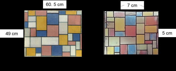 (왼쪽) 피에트 몬드리안의 `Composition of Color Planes and Gray Lines 1`, (오른쪽) 연구진이 유기 색물질을 전혀 사용하지 않고 나노구조로 제작한 몬드리안의 그림