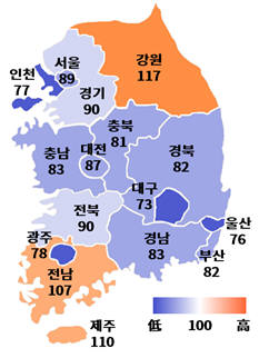 지역별 BSI 분포도, 지역별 BSI를 지도로 표현기준치 넘으면 주황색, 그 반대면 파란색이다. <출처: 대한상공회의소>