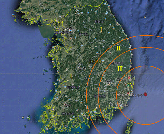 7월 5일 지진 발생 위치와 분포도. [자료:기상청]