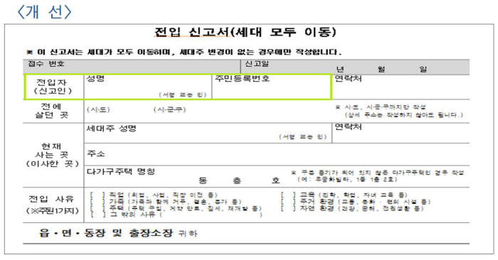 주민등록 전입신고서, 쉽고 간단하게 바뀐다