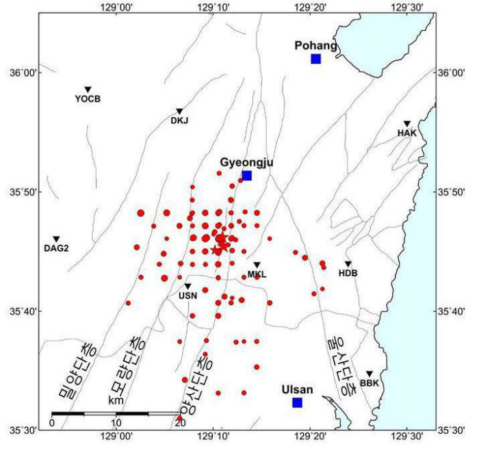 경주지진 여진 분포도 이미지