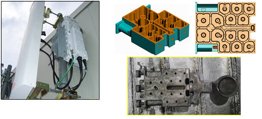 휴대전화 중계기(왼쪽)와 중계기 하우징 적용을 위한 마그네슘 부품 제조 이미지.