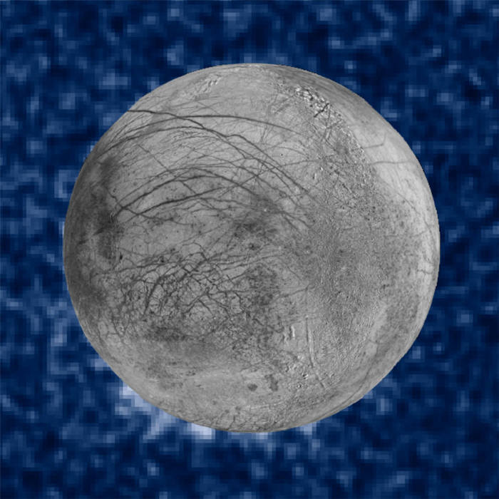 나사는 목성 위성 유로파에서 수증기 분출흔적을 발견했다고 발표했다. 유로파 합성사진 이미지에서 7시 방향에서 수증기가 분출되는 것을 볼 수 있다.(사진:나사 제공)