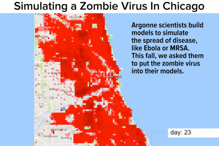 시카고에서 좀비 바이러스가 퍼질 경우 감염자 분포.
 출처 : Argonne National Laboratory / 유튜브