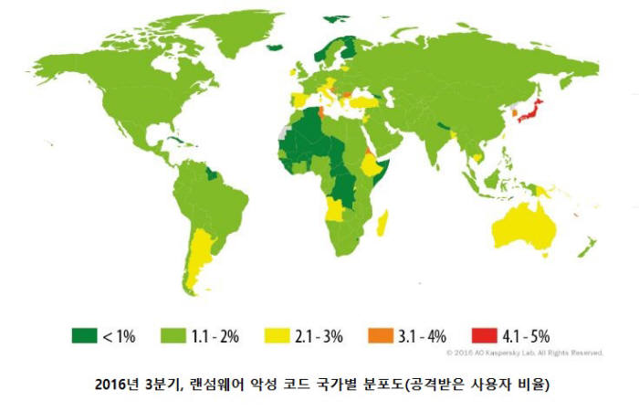 3분기 랜섬웨어 국가별 분포도(자료:카스퍼스키랩코리아)