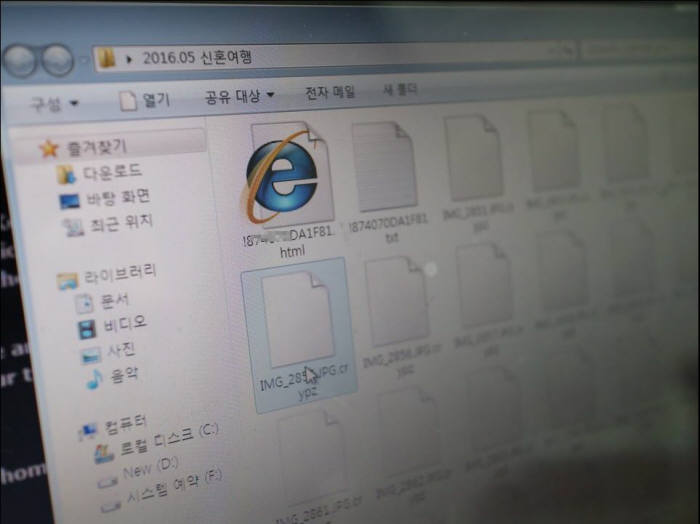별도 준비한 PC에 변종 크립트XXX 랜섬웨어를 감염시켰다. 테스트를 위해 PC에 넣어둔 사진 확장자가 모두 .crypz로 바뀌며 암호화돼 읽을 수 없는 상태가 됐다.(전자신문DB)