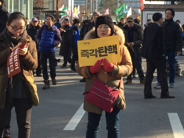 9일 서울 국회의사당역 주변 시위에 참가한 한 시민이 `즉각탄핵` 팻말을 들고 있다.