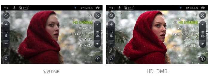 일반 DMB와 HD DMB 화질 차이를 보여주는 팅크웨어 내비게이션 `아이나비 X1 플러스` (제공=팅크웨어)