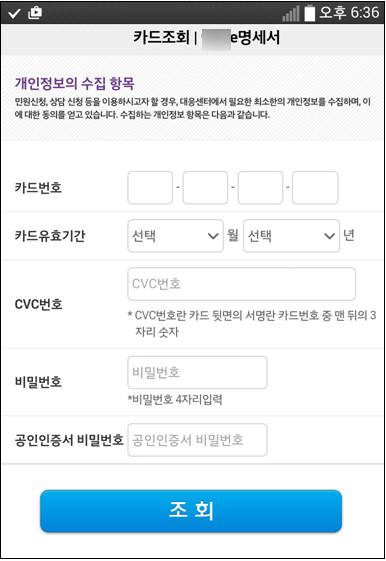 신용카드 정보 입력 유도 화면(자료:이스트시큐리티)