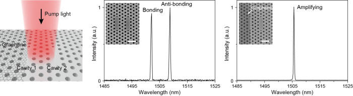 그래핀을 이용한 광결정 나노레이저의 특이점 측정 그래핀을 이용한 광결정 나노레이저의 국소적인 빛의 발생 및 손실에 대한 개념도 (왼쪽). 두 동일한 광결정 나노레이저에서 측정한 광특성(중간)과 한 쪽 레이저에만 그래핀을 덮은 후에 측정한 광특성(오른쪽). 그래핀을 덮기 전(중간)에는 두 개의 피크가 보이는데 이는 두 가지 색깔의 레이저 빛이 동시에 관측됨을 의미한다. 반면 그래핀을 덮고 난 후(오른쪽)에는 한 가지 색깔만이 관측된다.