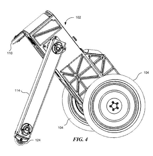 로봇팔(124)이 몸체(102)를 일으켜 2륜 모드로 변환한다. / 자료:미국 특허상표청(USPTO)