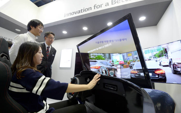 지난해 `대한민국 산업기술 R&D 대전`에서 선보인 자율주행 차량용 투명 디스플레이를 이용한 영상통화와 인포테인먼트 시연 모습. 박지호기자 jihopress@etnews.com