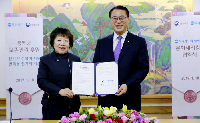 나선화 문화재청 청장(왼쪽)과 유구현 우리카드 대표가 18일 종로구 국립고궁박물관에서 열린 `경복궁 보호 문화재지킴이 협약식`에서 기념촬영했다.