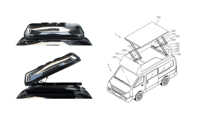 (왼쪽부터) 유니캠프 주력제품인 차량 일체형 루프박스 `LIMO-TOP ROOFBOX`, 유니캠프가 특허청에 등록한 `루프탑 텐트구조체` 특허(등록번호: 1015103920000) / 자료:키프리스