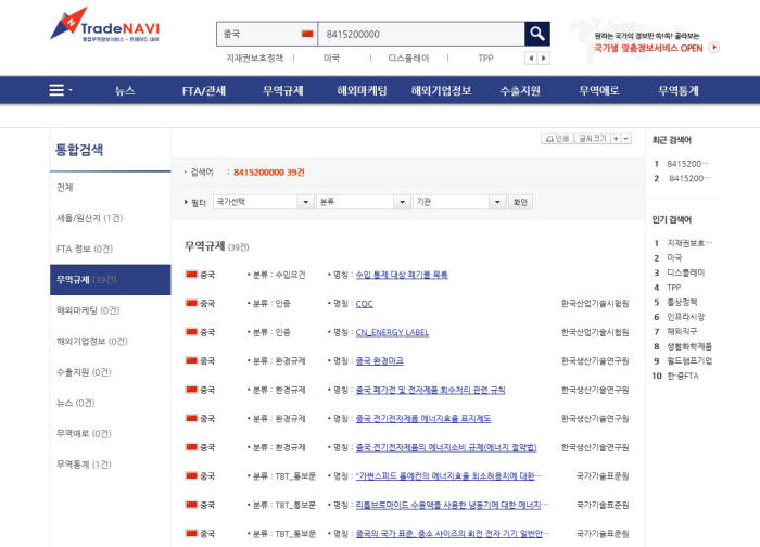 트레이드내비에서 국가별(중국) HS코드 검색화면 결과. 정보 제공 협약을 맺은 기관에서 제공하는 수입 규제 정보를 한 눈에 확인할 수 있다.