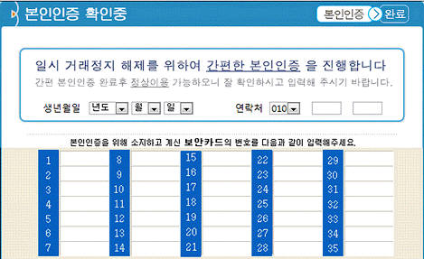 보안카드 정보를 빼내려는 가짜 본인인증 팝업.(자료:하우리)