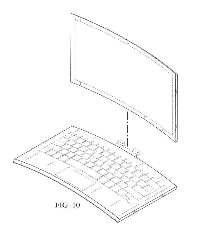 인텔의 곡면 디스플레이 노트북 특허(Electronic Device with Detachable Curved Display, 등록번호: US D771032). 디스플레이와 키보드 본체가 분리돼 노트북과 태블릿으로 사용이 가능하다. / 자료:미국 특허상표청(USPTO)