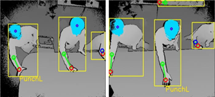 뎁스카메라로 인식한 인체의 모습. 썬더펀치 콘텐츠 기술은 머리와 눈, 손의 3차원 좌표를 정밀하게 파악한다.
