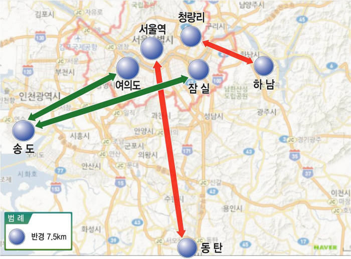 ◈ 출·퇴근형(2개 노선) ① 인천 송도-여의도역 ② 인천 송도-잠실역 ◈ 일반형(2개 노선) ① 화성 동탄 2-서울역 ② 하남 BRT차고지-청량리역